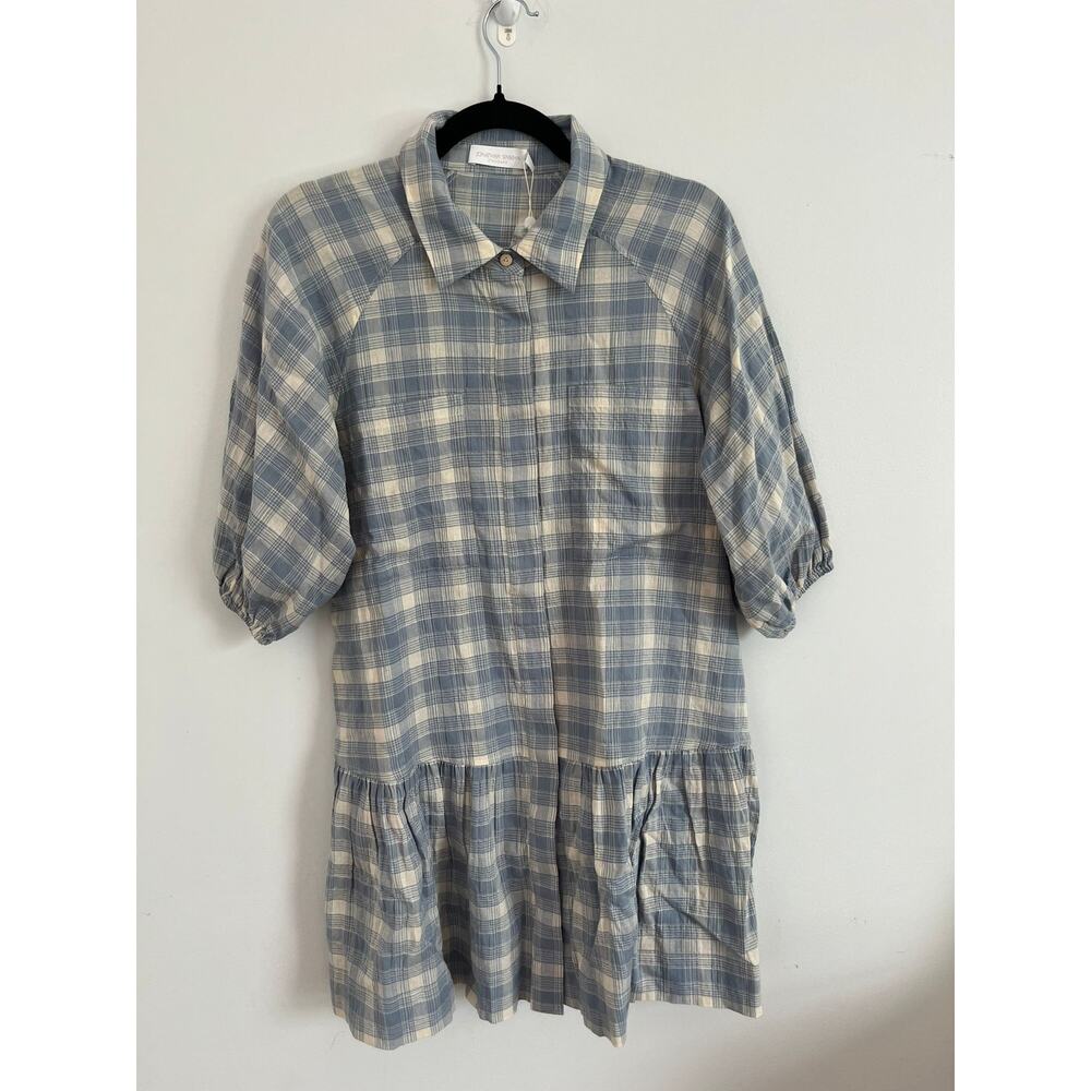 Jonathan Simkhai‎ Dress Women XS Blue Plaid Half Sleeve Drop Waist Tunic NWT
